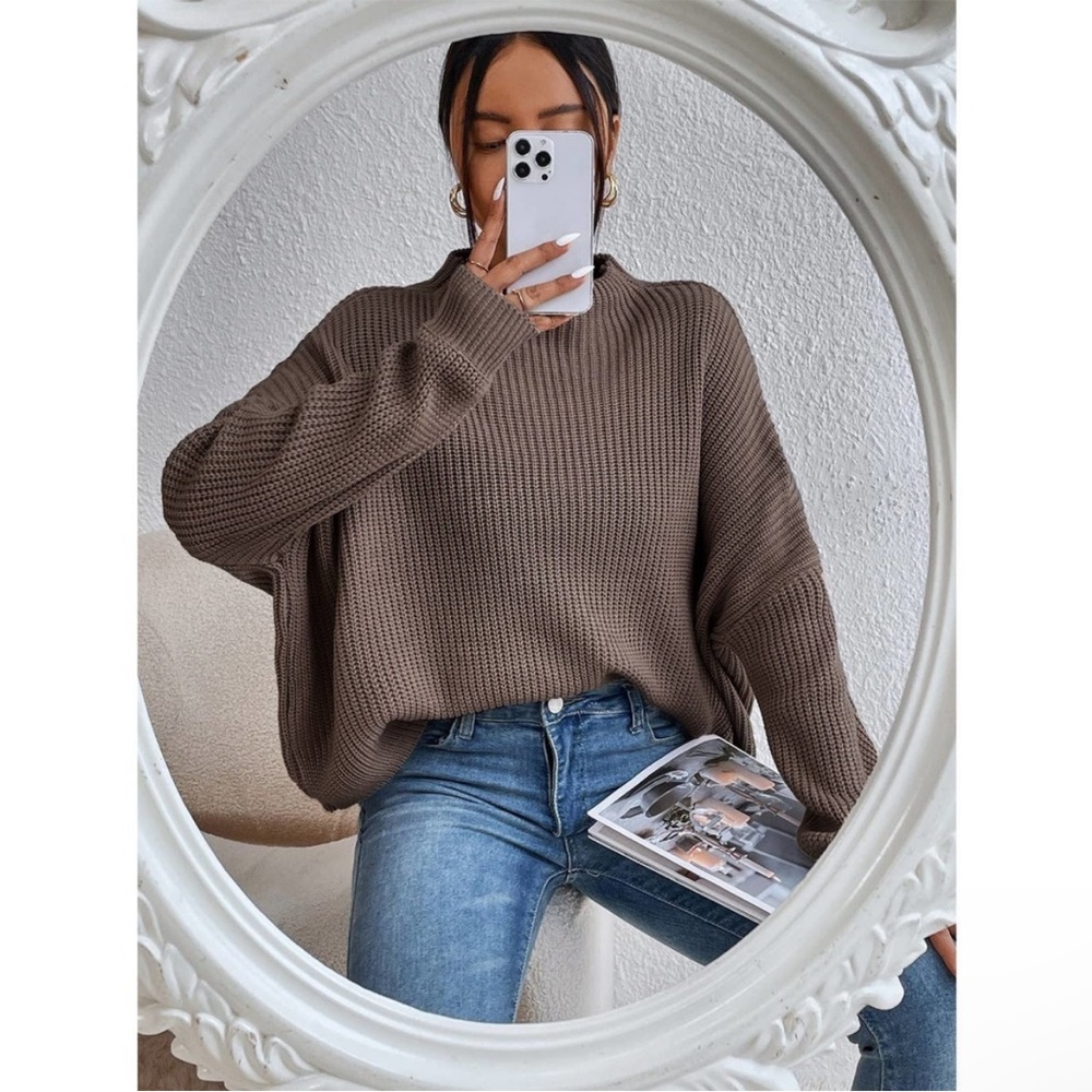 Casual Oversized Mock Neck Ribbed Knit Batwing Sleeve Sweater brown - Picture 2 of 6